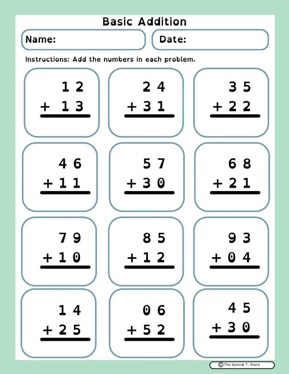 Basic addition: students add 12 two-digit pairs without regrouping, such as 12 + 13, 57 + 30 and 45 + 30