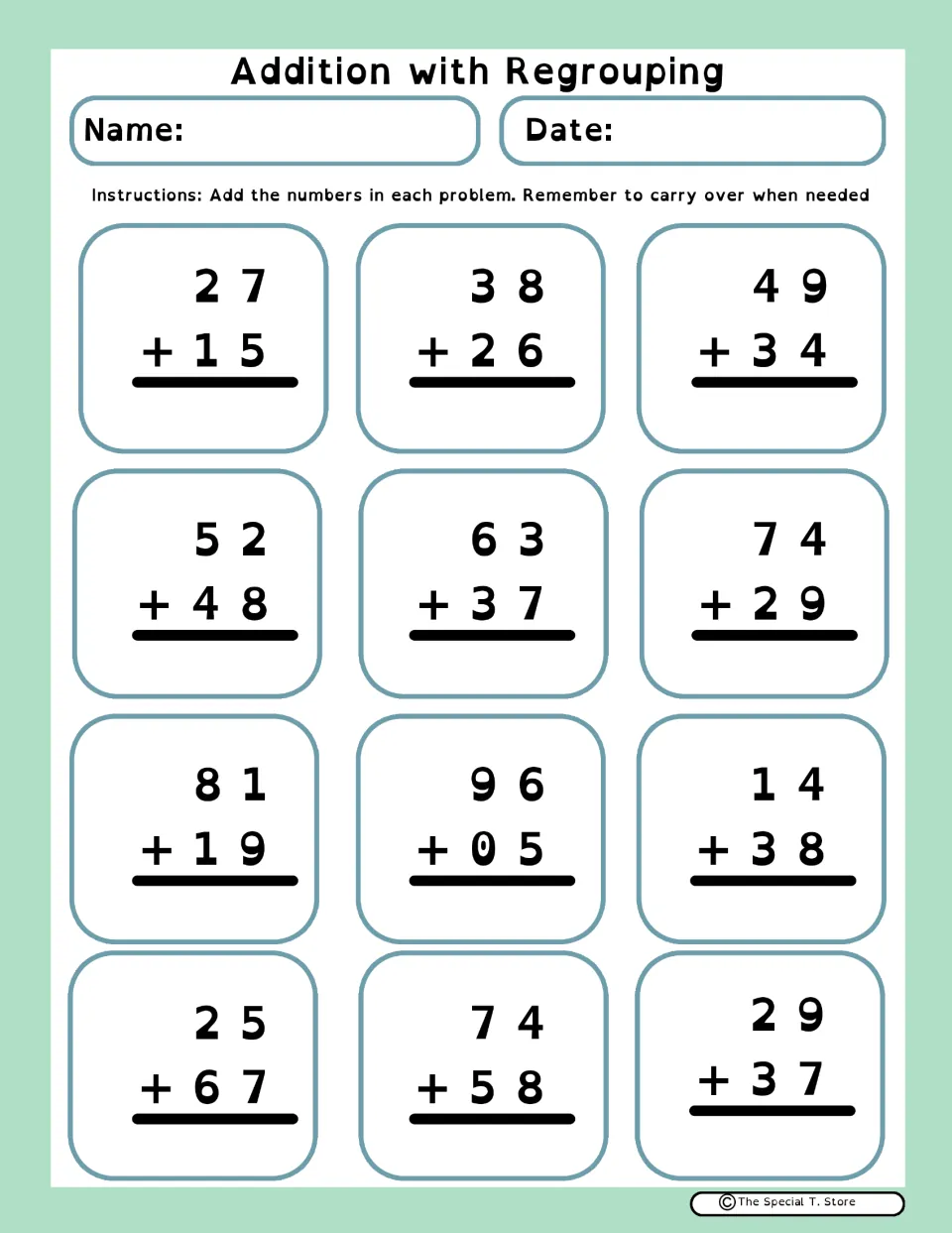 Addition with regrouping: students carry over to solve 12 two-digit sums such as 27 + 15, 52 + 48 and 74 + 58