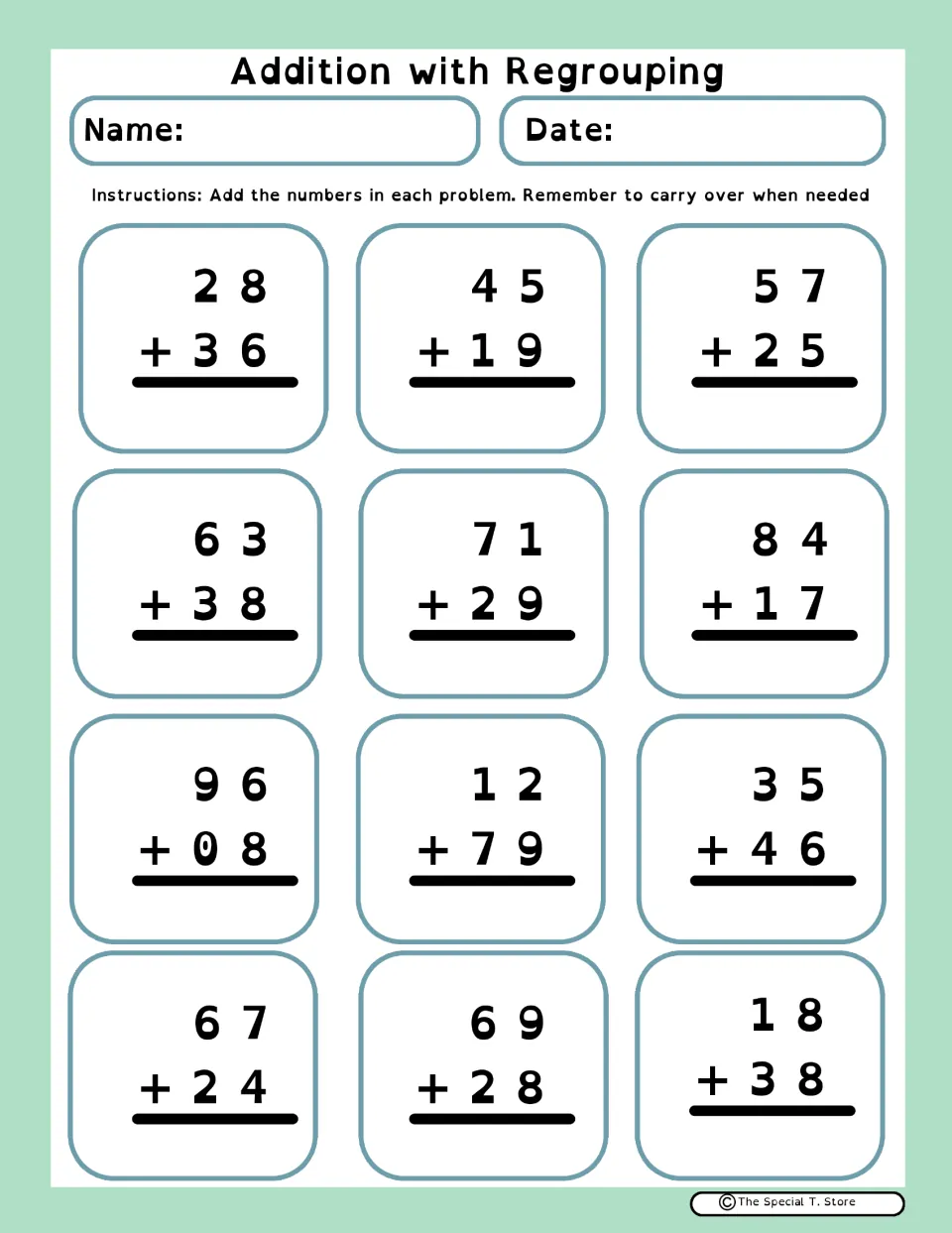 Addition with regrouping, second set: 12 two-digit sums to carry, including 28 + 36, 12 + 79 and 18 + 38