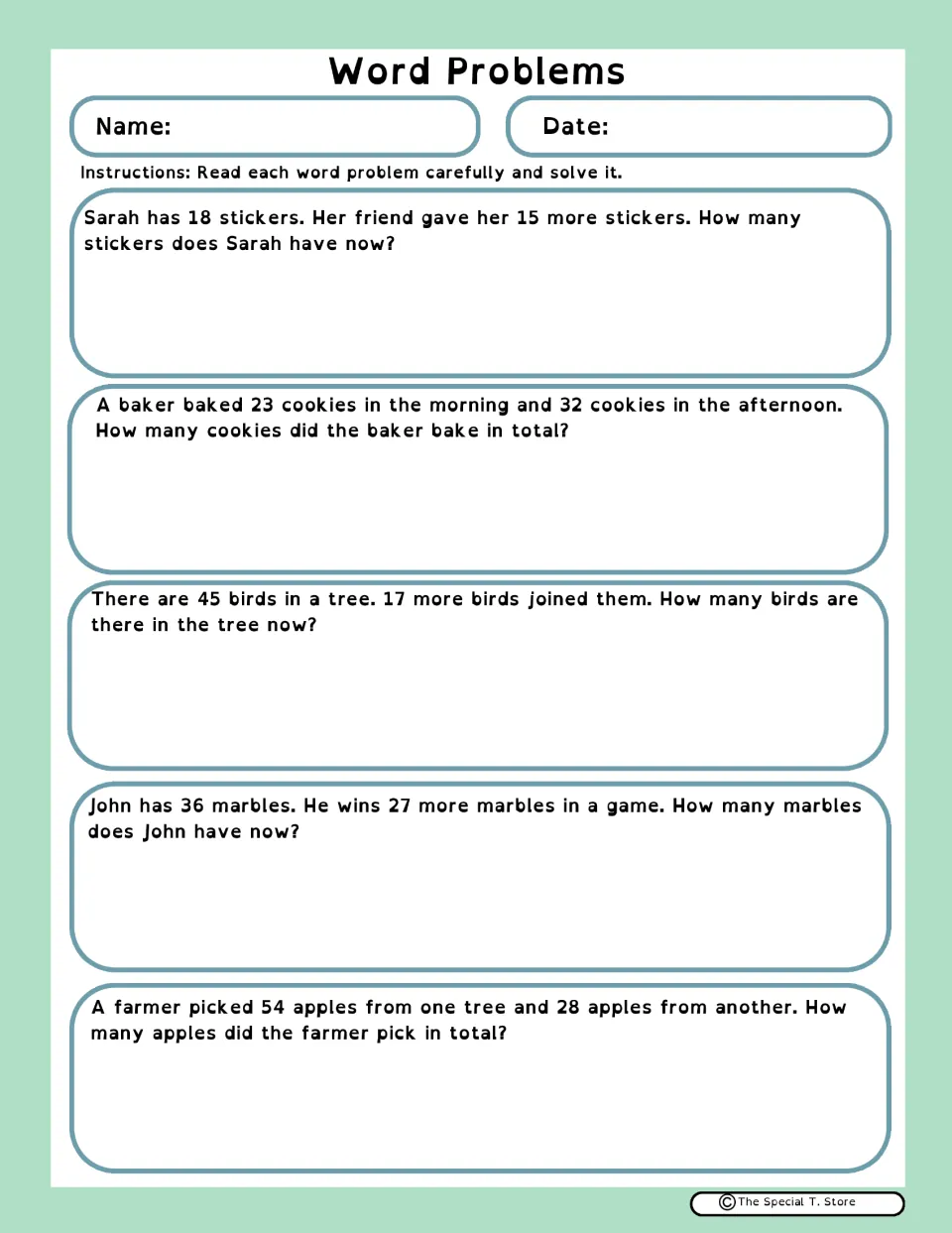 Word problems: students solve 5 two-digit addition stories about stickers, cookies, birds, marbles and apples