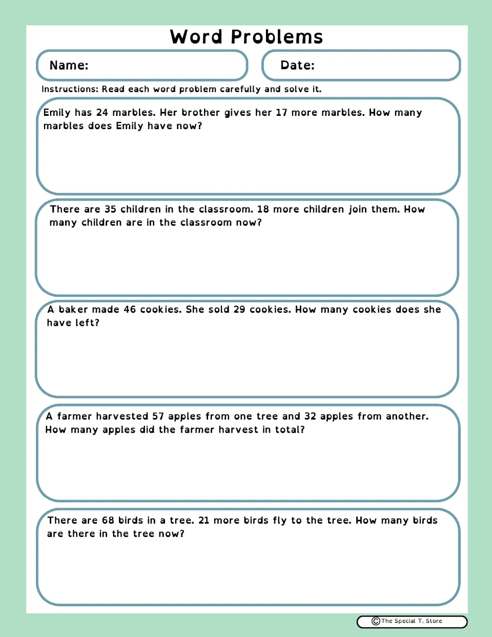 Word problems: 5 two-digit stories to solve, including marbles, children in a class and a baker selling cookies