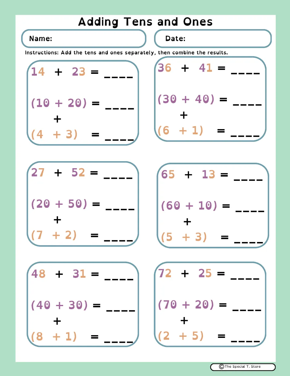 Adding tens and ones: students split 6 sums like 14 + 23 into tens and ones, add each part, then combine them