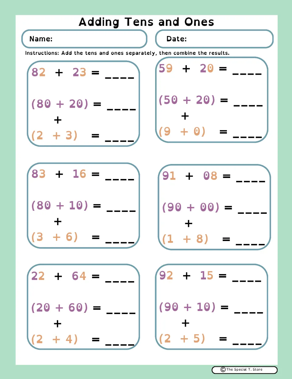 Adding tens and ones, set 2: 6 sums such as 82 + 23 and 91 + 08 split into tens plus ones before combining