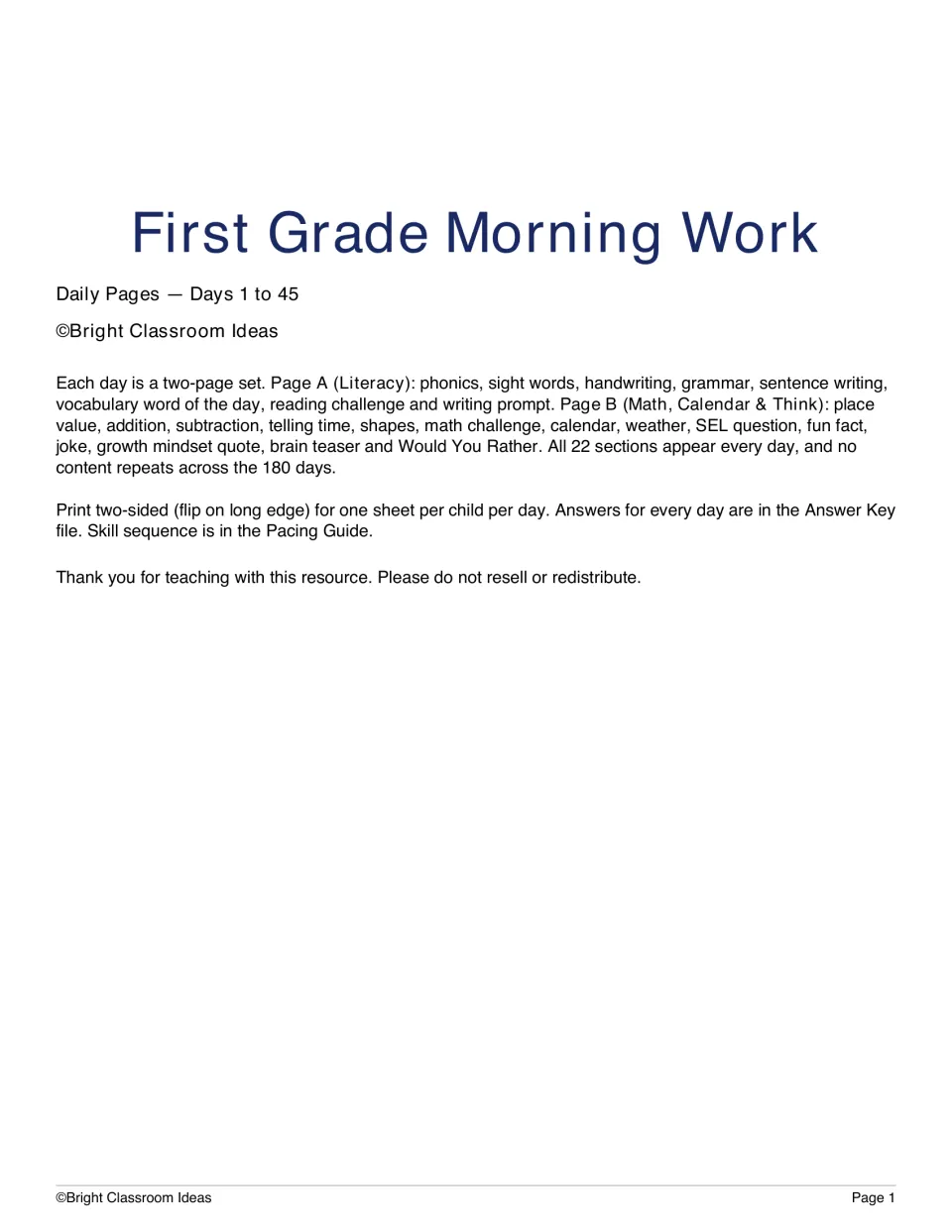 First Grade Morning Work cover for Days 1–45, explaining the two-page daily sets and printing directions