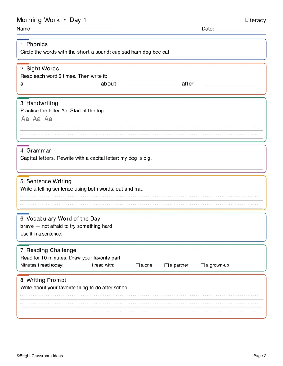 Day 1 literacy practice: short a words, letter Aa, capital letters, vocabulary word brave, and writing