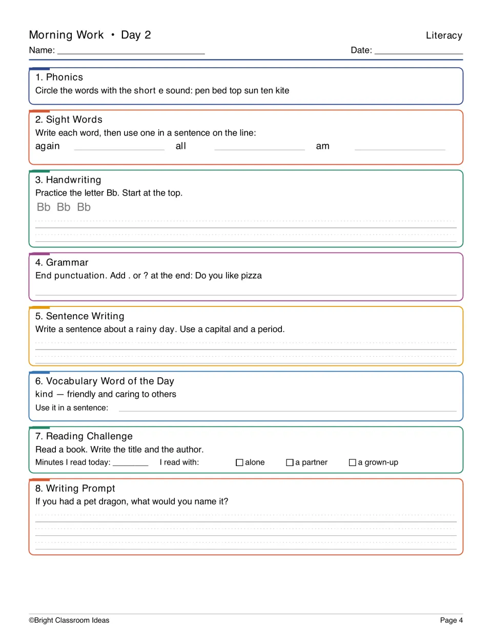 Day 2 literacy practice: short e words, letter Bb, end punctuation, vocabulary word kind, and a pet dragon prompt