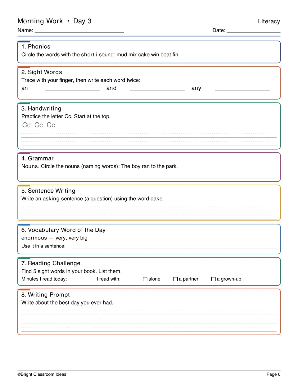 Day 3 literacy practice: short i words, letter Cc, nouns, vocabulary word enormous, and a best-day prompt