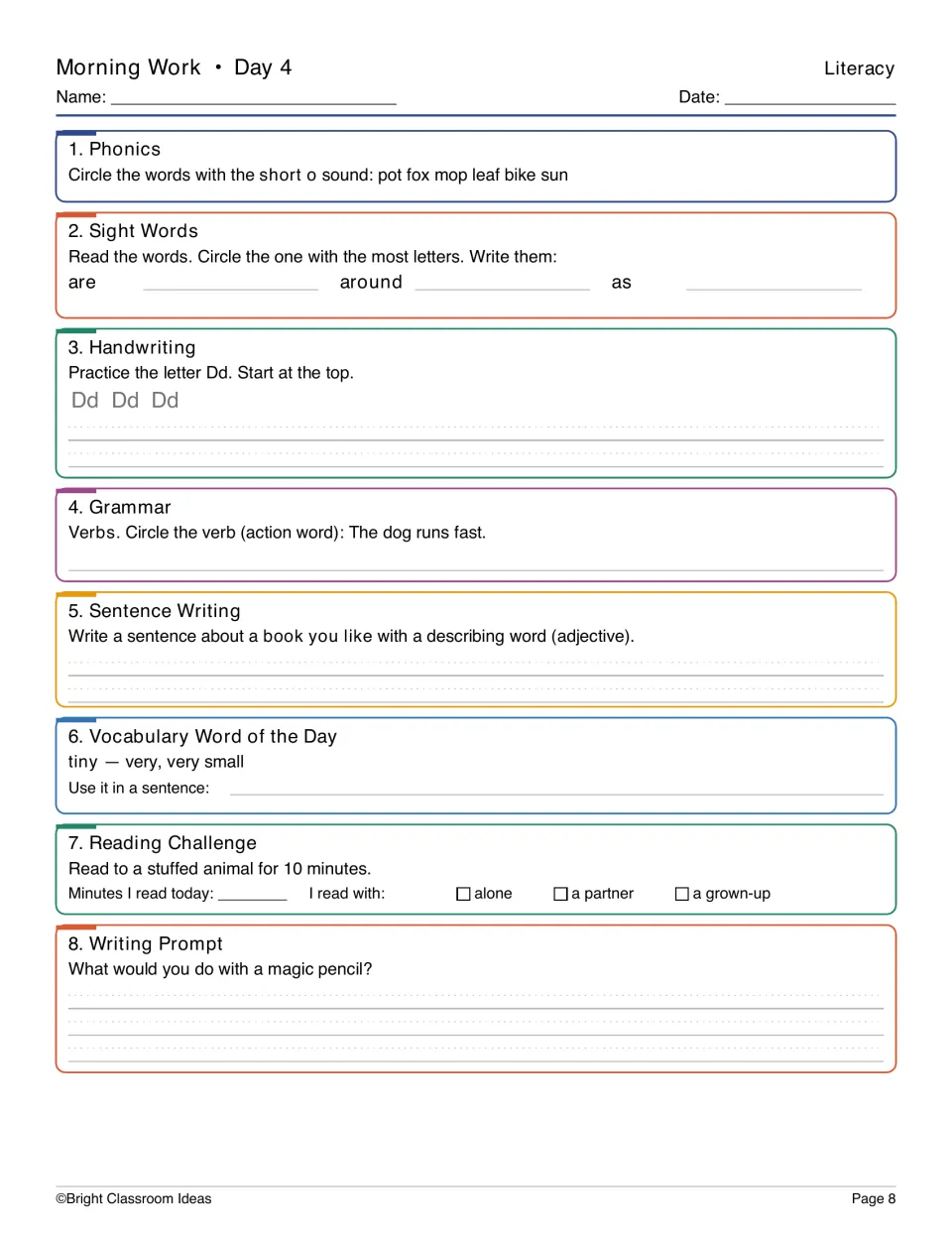 Day 4 literacy practice: short o words, letter Dd, verbs, vocabulary word tiny, and a magic pencil prompt