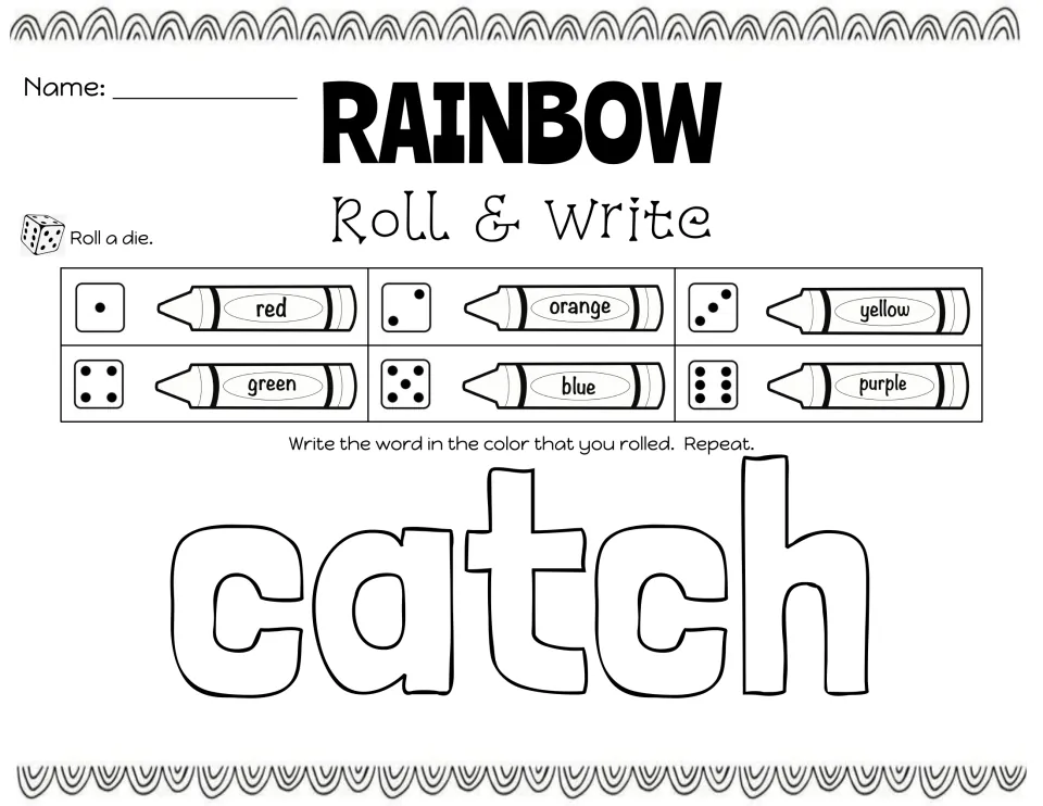 Rainbow Roll & Write for the word catch: students roll a die, match the number to a crayon color and write the word