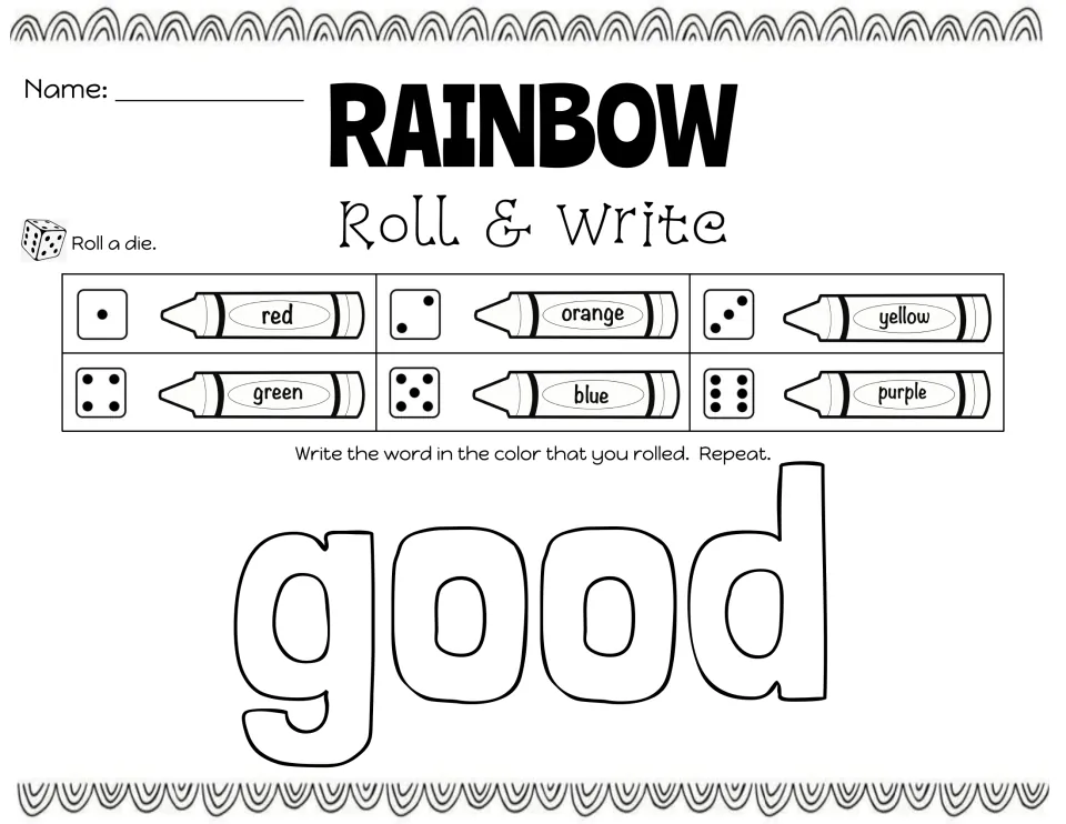 Sight word good: students roll a die, find the matching color from red to purple and write good in it, then repeat
