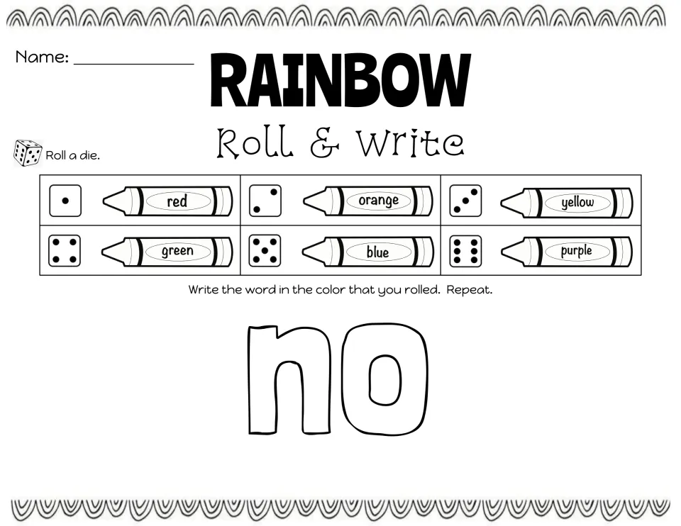 Roll and write practice for the word no: each die roll picks red, orange, yellow, green, blue or purple to write it in