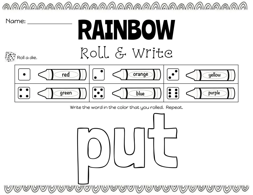 High-frequency word put: students roll a die and write put in the crayon color shown for that number, repeating