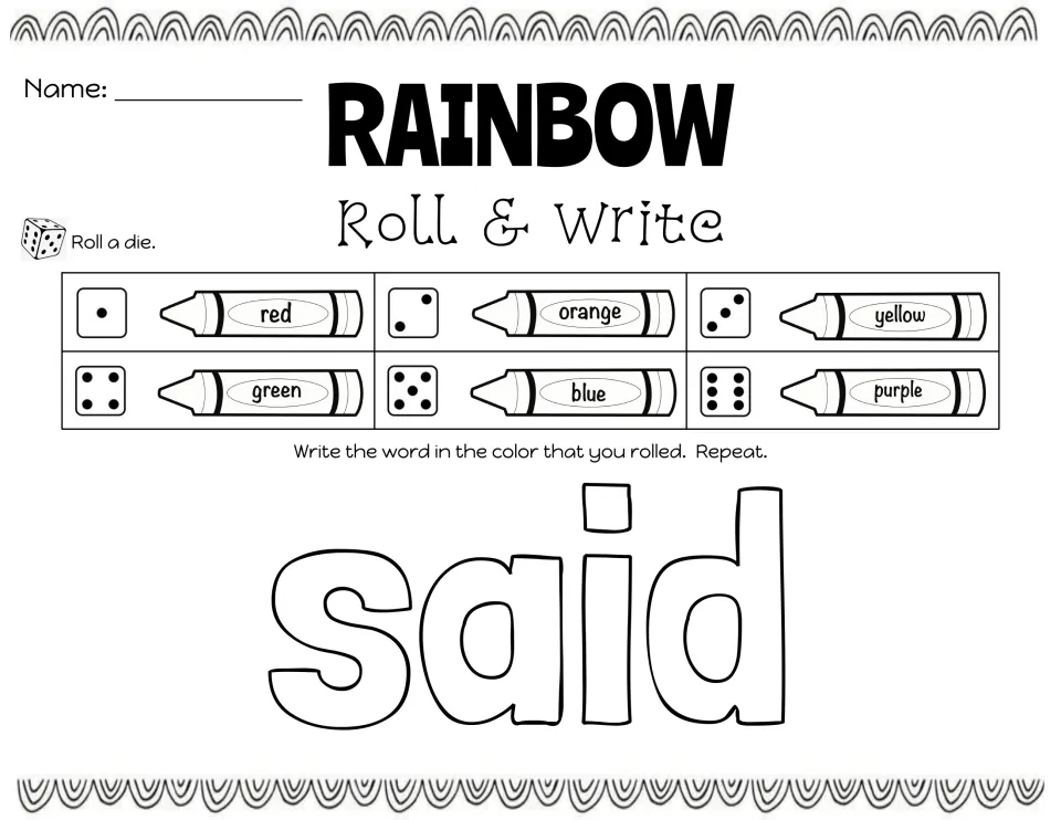 Rainbow roll and write for said: students roll, check the dice-to-color key and write said in that color each time