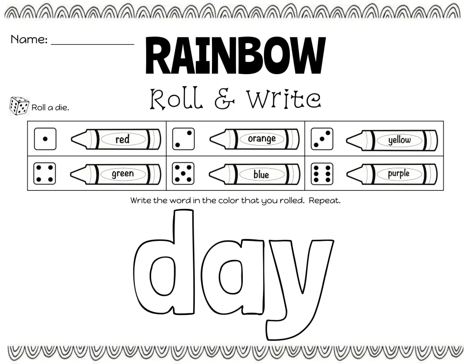 Roll & Write for the word day: each die roll picks a crayon color, and students write day in that color again and again