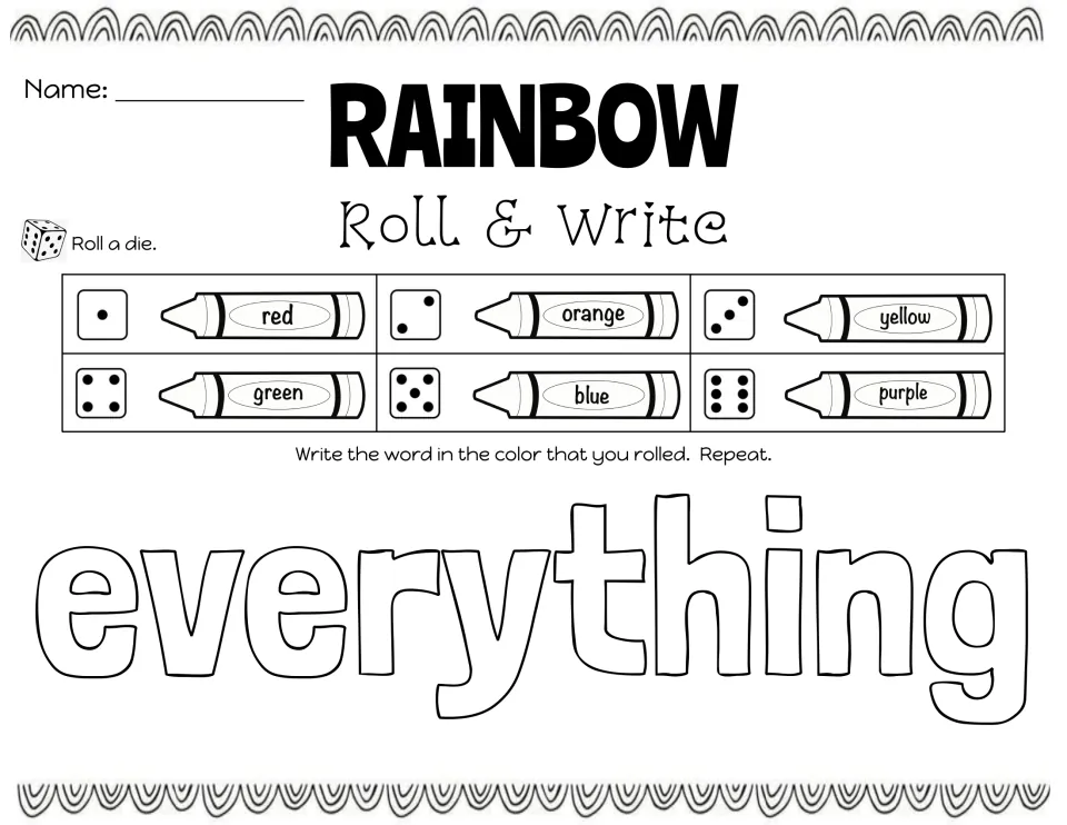 High-frequency word everything: students roll a die, match the number to a crayon color and write the word in that color