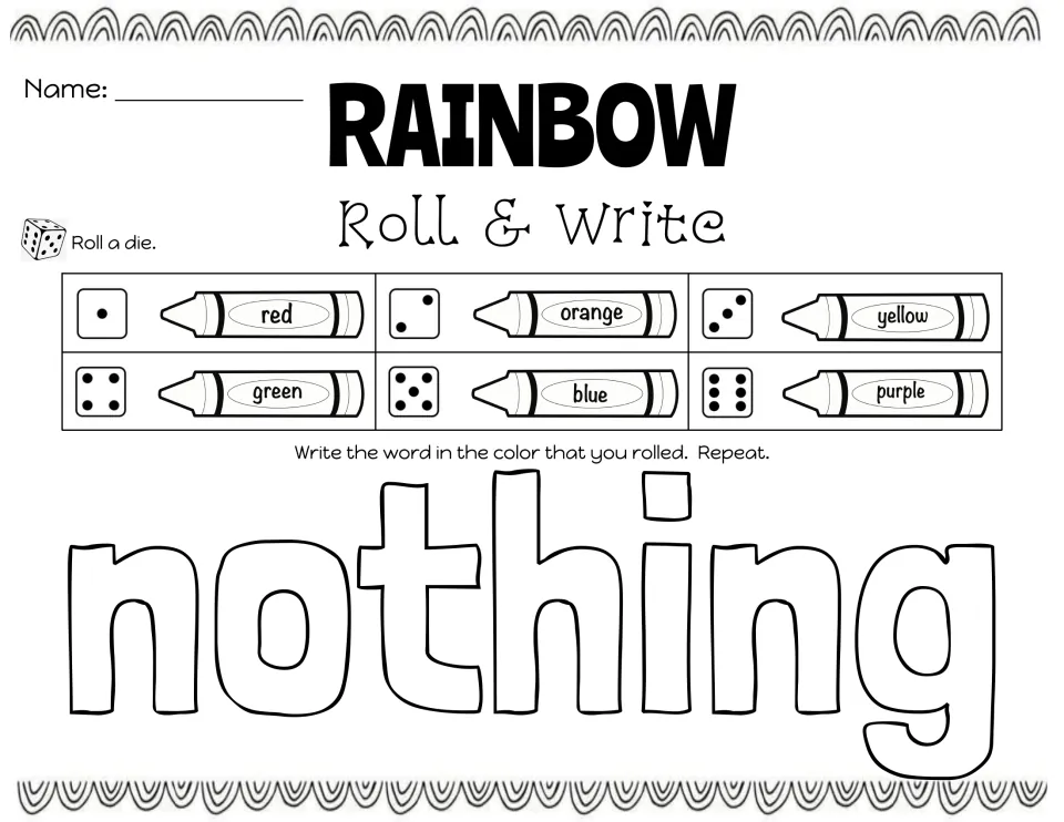 Sight word nothing in large bubble letters, with a die-to-crayon color key telling students which color to write it in
