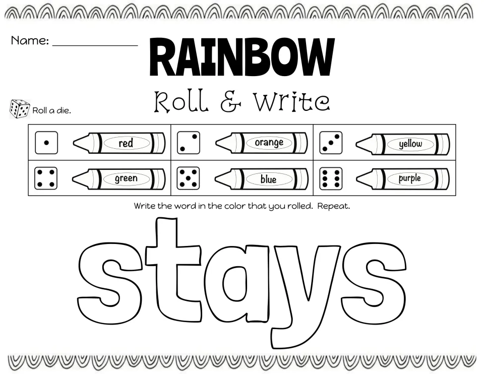 Rainbow writing practice for the word stays: students roll, write stays in the rolled color and repeat