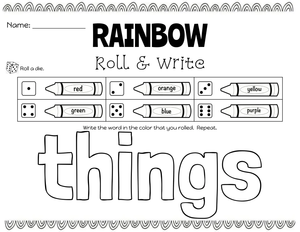 Roll and write the sight word things: a die roll of 1 to 6 sets the crayon color, from red through purple, for each copy