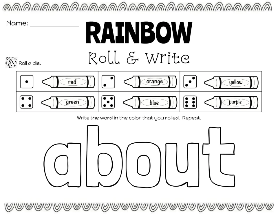 Week 1 rainbow writing practice for 'about': roll a die, write the word in the matching color, and repeat