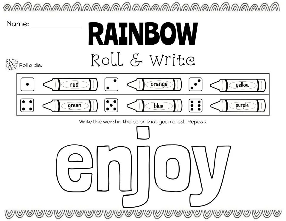 Week 1 rainbow writing practice for 'enjoy': roll a die, write the word in the matching color, and repeat