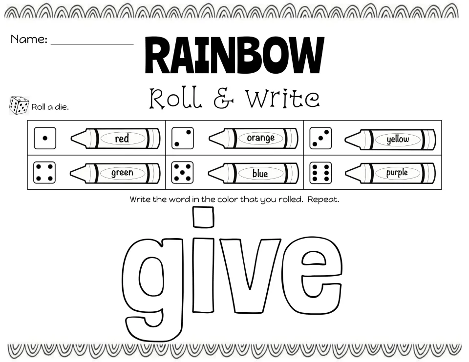 Week 1 rainbow writing practice for 'give': roll a die, write the word in the matching color, and repeat