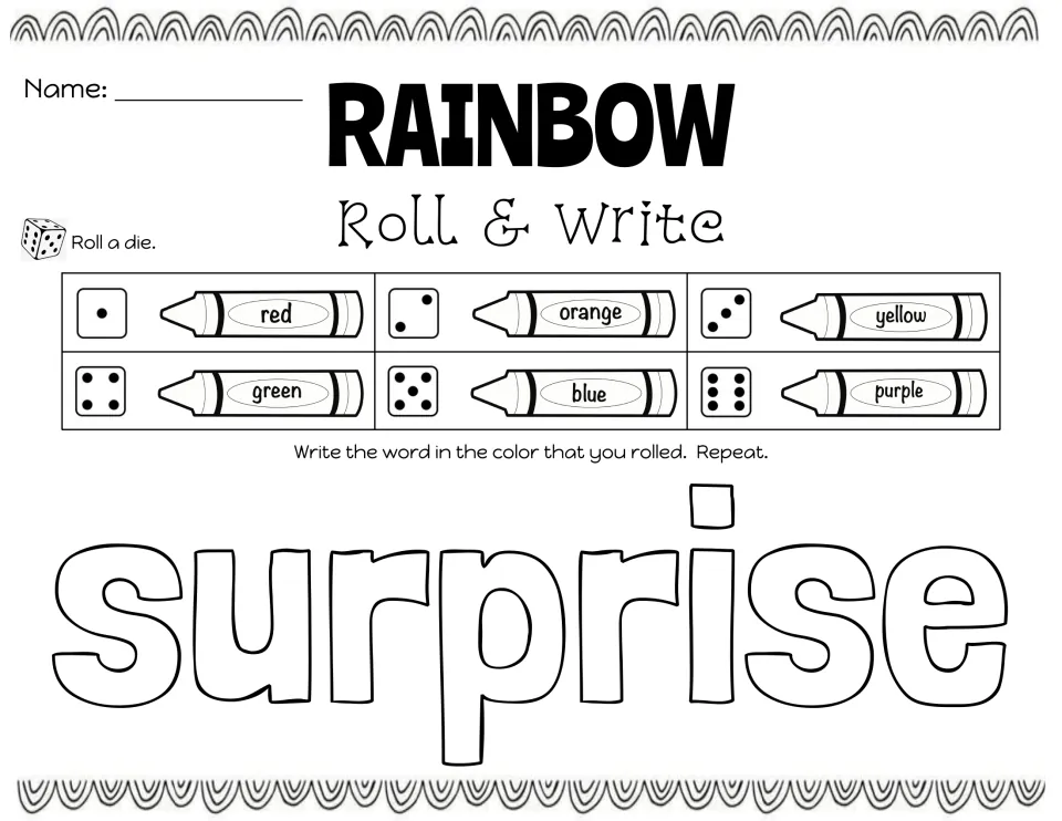 Week 1 rainbow writing practice for 'surprise': roll a die, write the word in the matching color, and repeat