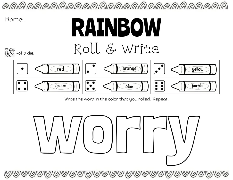 Week 1 rainbow writing practice for 'worry': roll a die, write the word in the matching color, and repeat