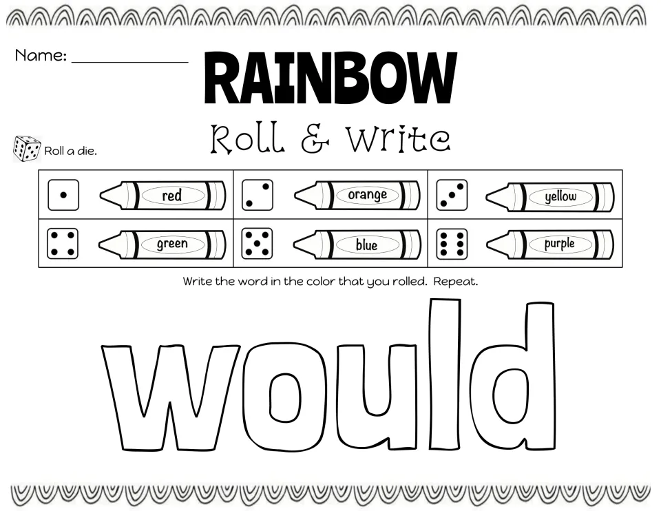Week 1 rainbow writing practice for 'would': roll a die, write the word in the matching color, and repeat