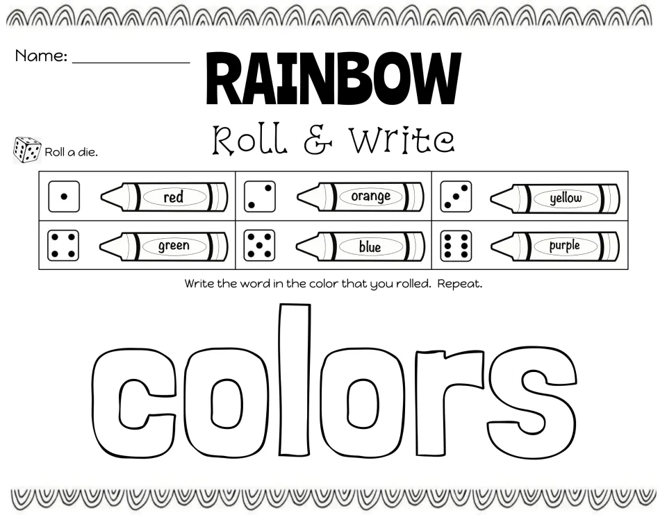 Week 2 rainbow writing practice for 'colors': roll a die, write the word in the matching color, and repeat