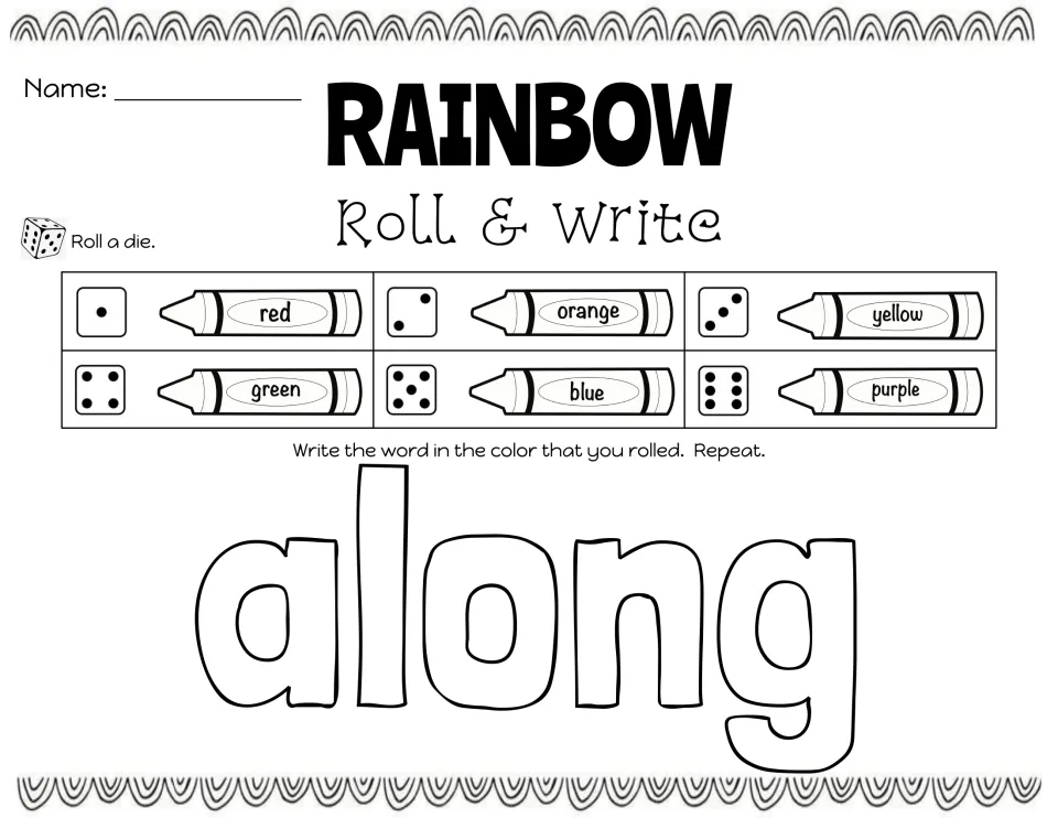 Sight word 'along': students roll a die, match the dots to a crayon color key and write the word in that color
