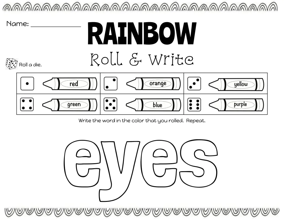 High-frequency word 'eyes' in bubble letters: students roll a die to choose a crayon color and trace the word in it