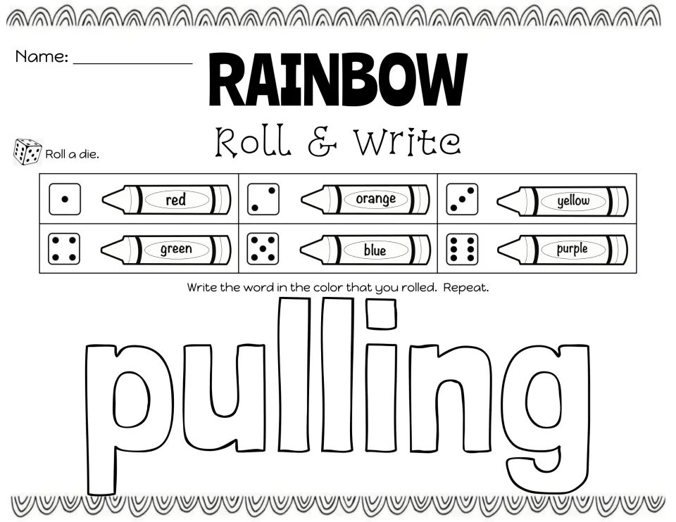 Rainbow writing for 'pulling': students roll, match one to six dots with a crayon color, and trace the word in that color