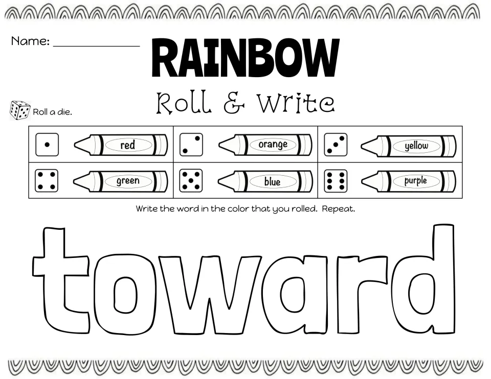 Sight word 'toward' in outline letters: students roll a die and write the word in the rolled color, repeating several times