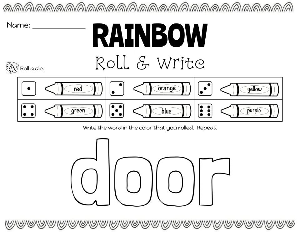 Week 2 sight word 'door': students roll a die, use the crayon color key and write the word in each rolled color