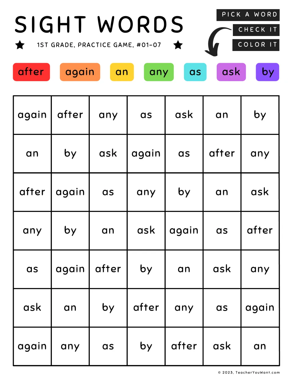 Sight words game #01-07: students pick, check and color after, again, an, any, as, ask and by in each word's key color