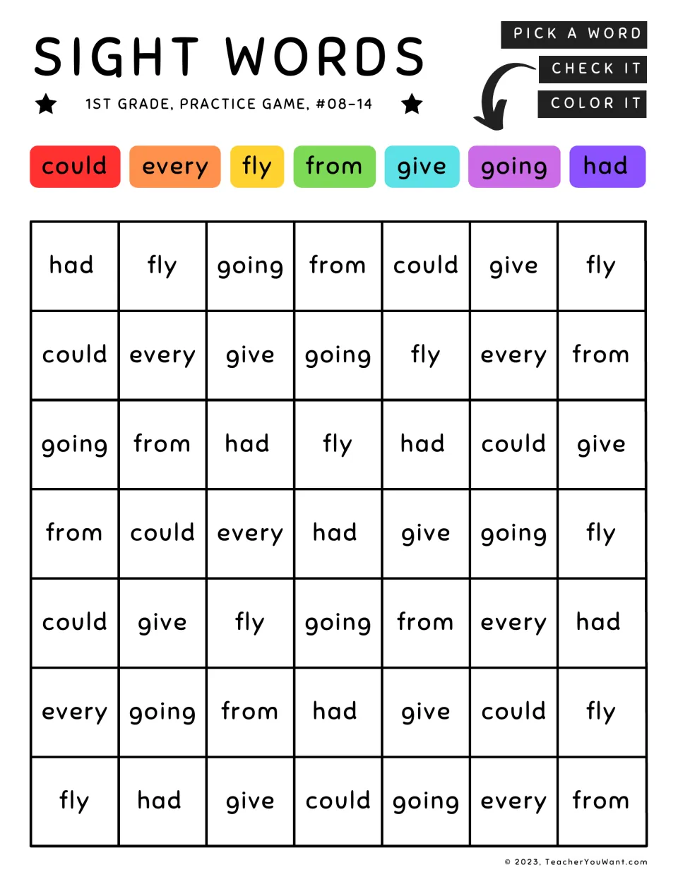 Sight words game #08-14: students find and color could, every, fly, from, give, going and had to match the color key