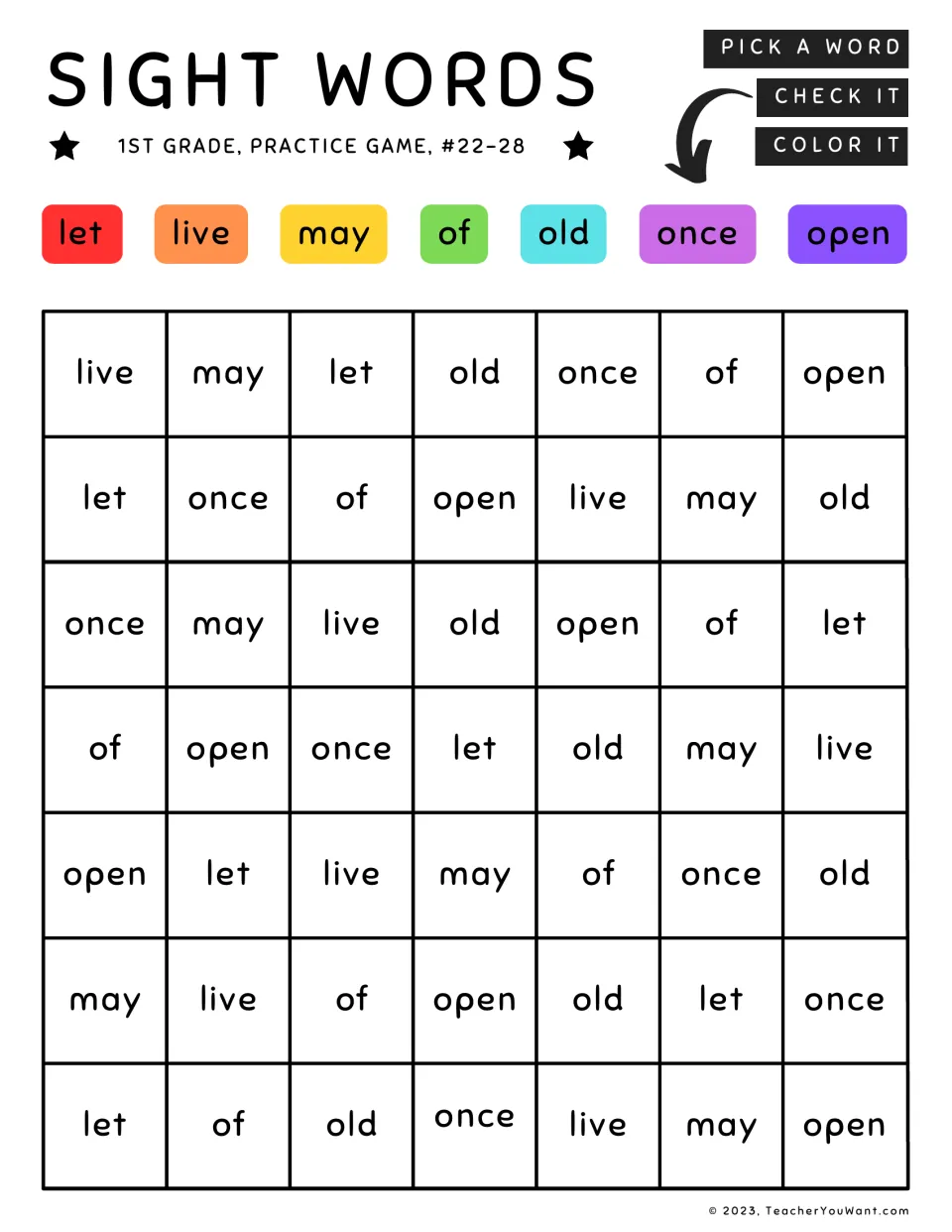 Sight words game #22-28: students spot let, live, may, of, old, once and open and color every match in the key color