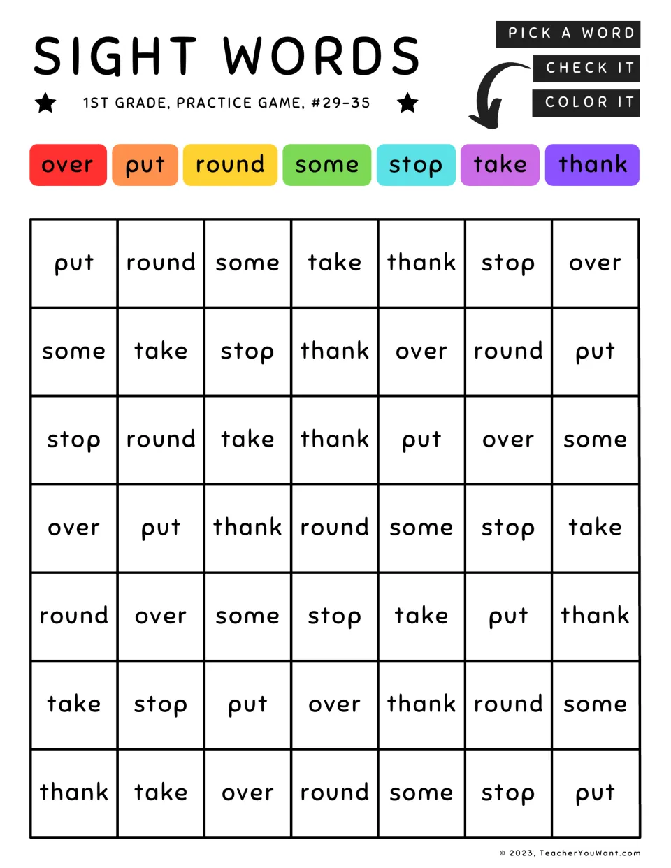 Sight words game #29-35: students read and color over, put, round, some, stop, take and thank using the color key