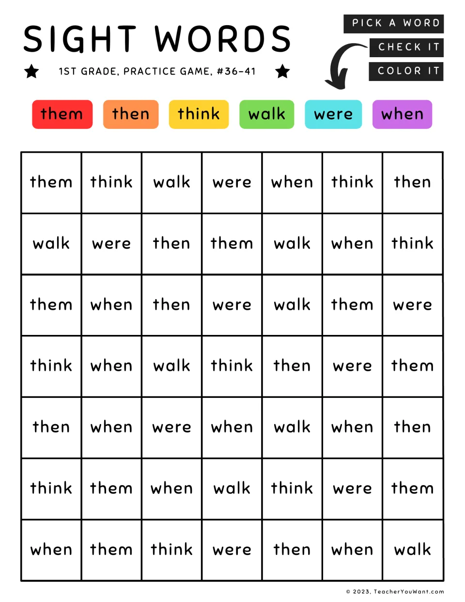 Sight words game #36-41: students find and color them, then, think, walk, were and when from a six-word color key