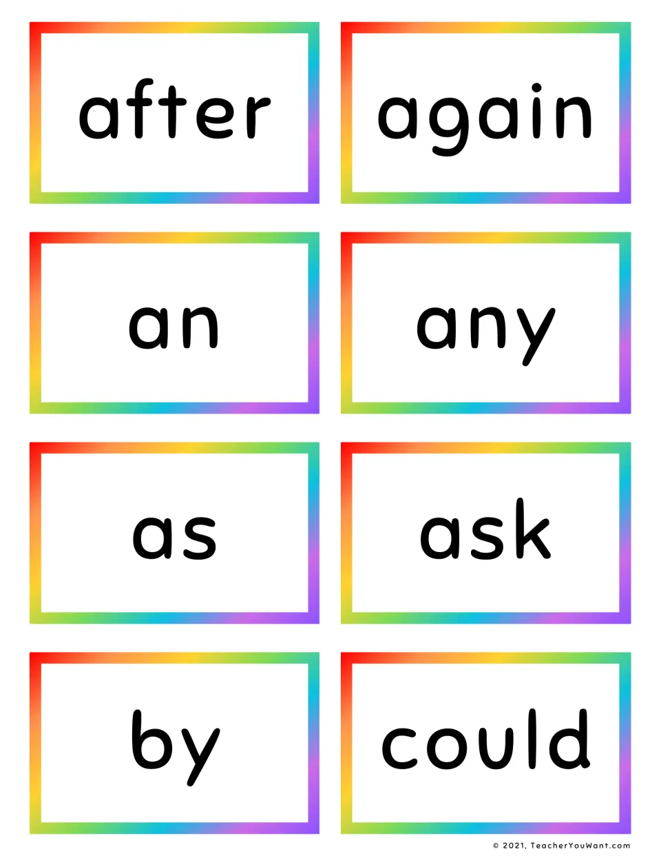 Sight word flashcards 1–8: after, again, an, any, as, ask, by, and could, from the 41-card set.