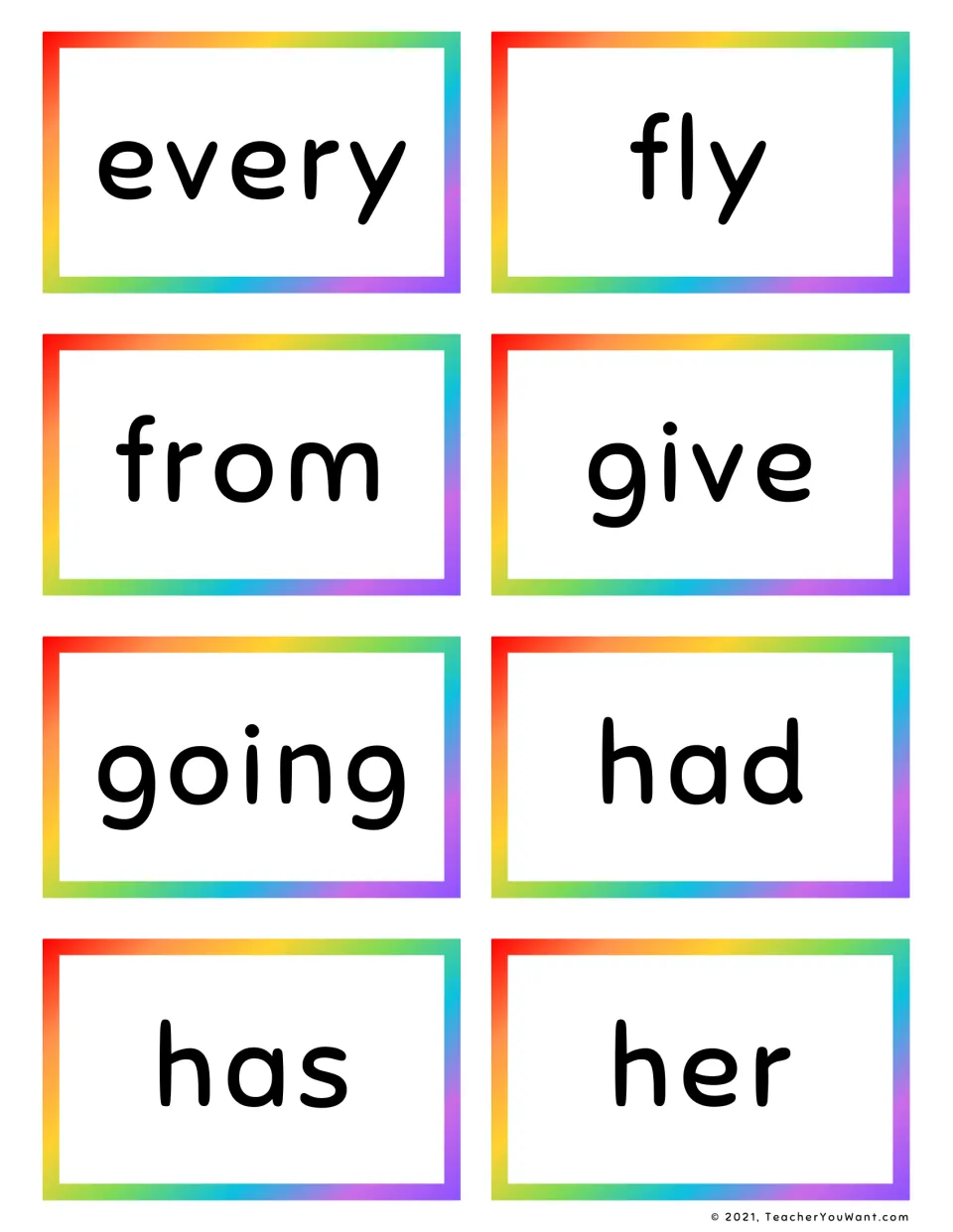 Sight word flashcards 9–16: every, fly, from, give, going, had, has, and her, from the 41-card set.