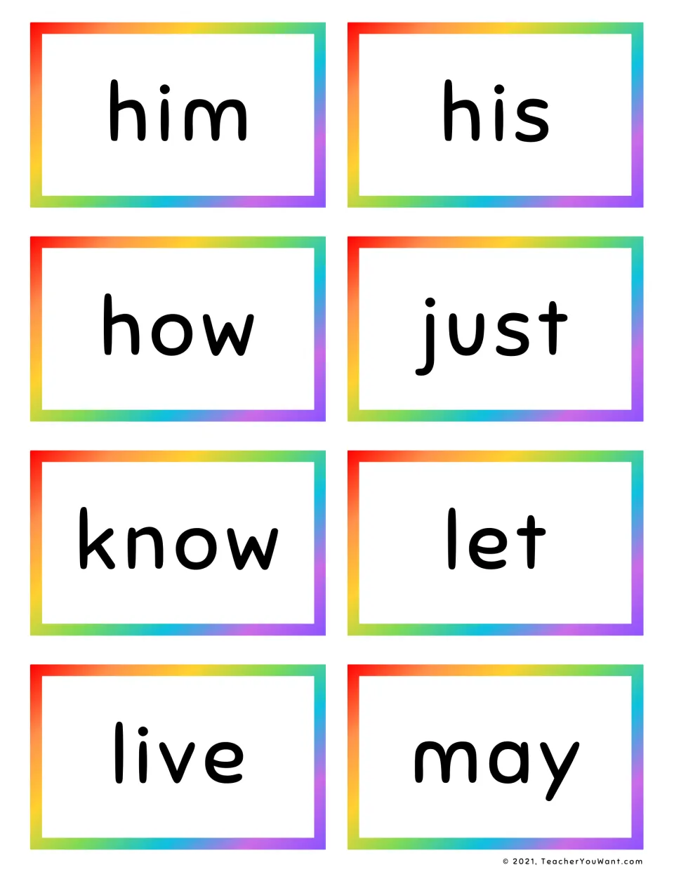Sight word flashcards 17–24: him, his, how, just, know, let, live, and may, from the 41-card set.