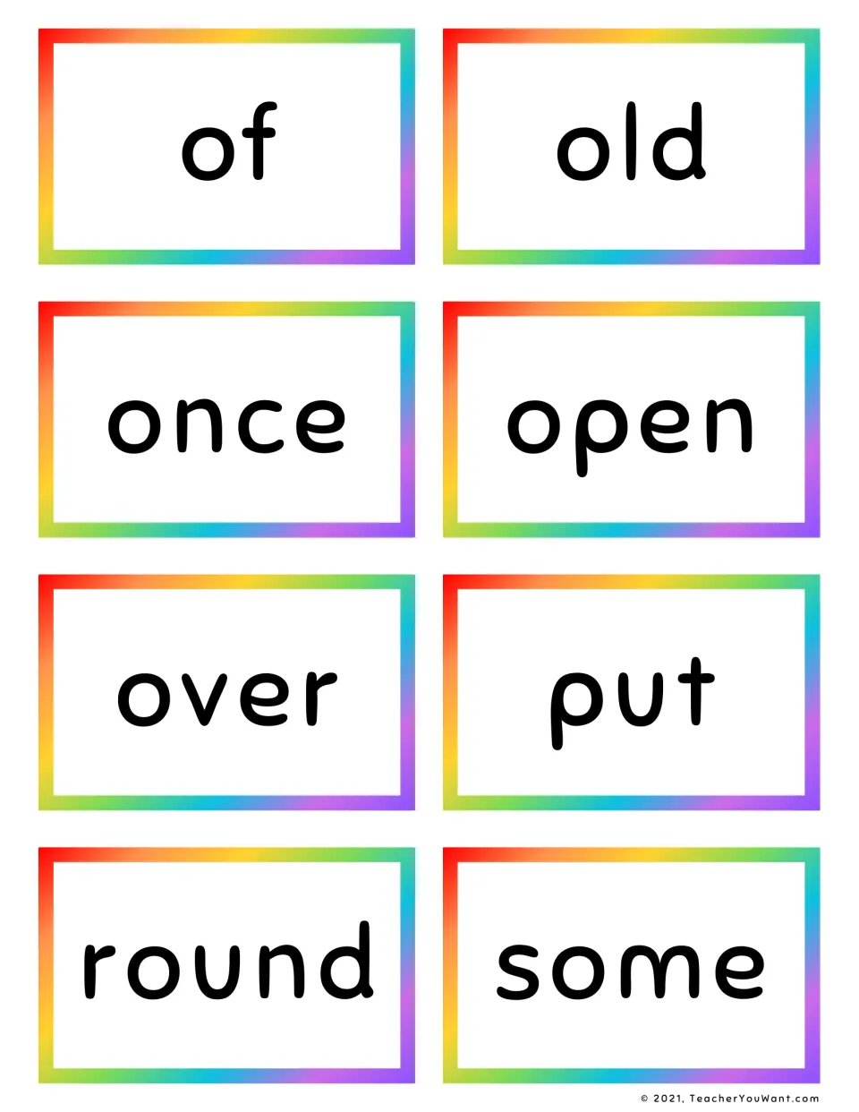 Sight word flashcards 25–32: of, old, once, open, over, put, round, and some, from the 41-card set.