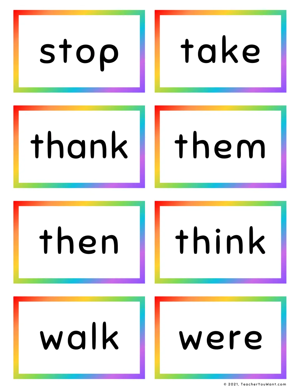 Sight word flashcards 33–40: stop, take, thank, them, then, think, walk, and were, from the 41-card set.