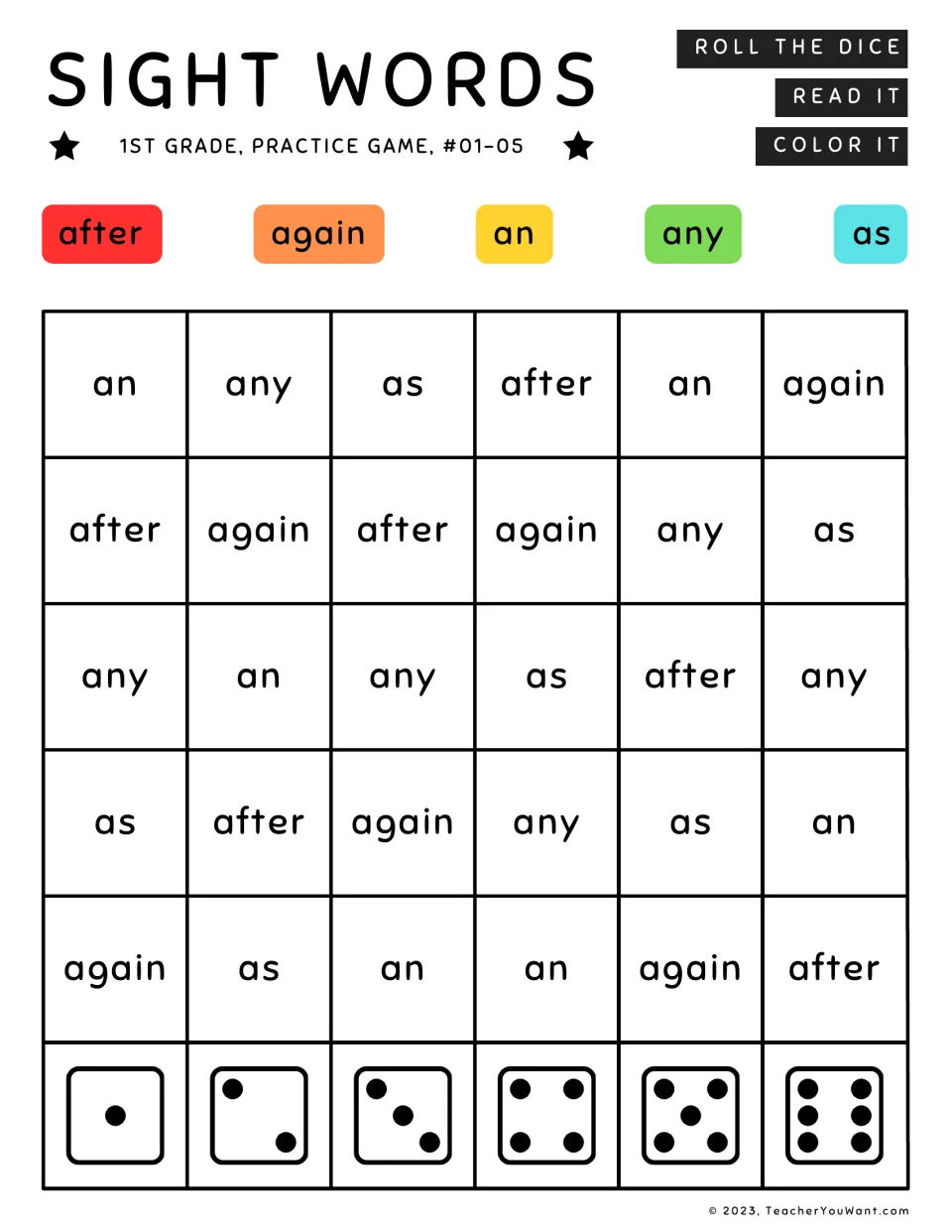 Sight words #01-05 roll and color: students roll a die, read after, again, an, any or as, and color it by the key