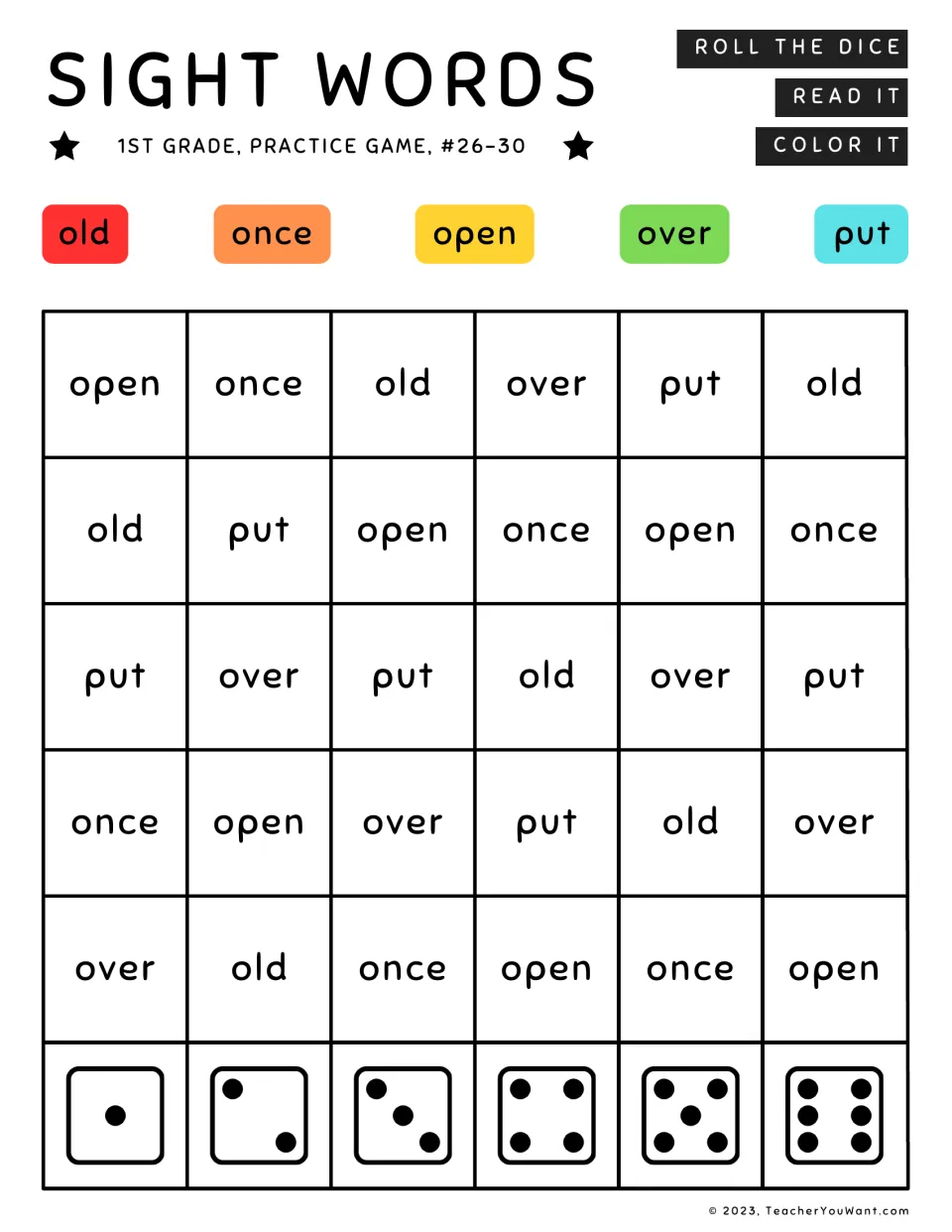 Sight words #26-30 dice game: students roll, read old, once, open, over or put for that number and color it by the key