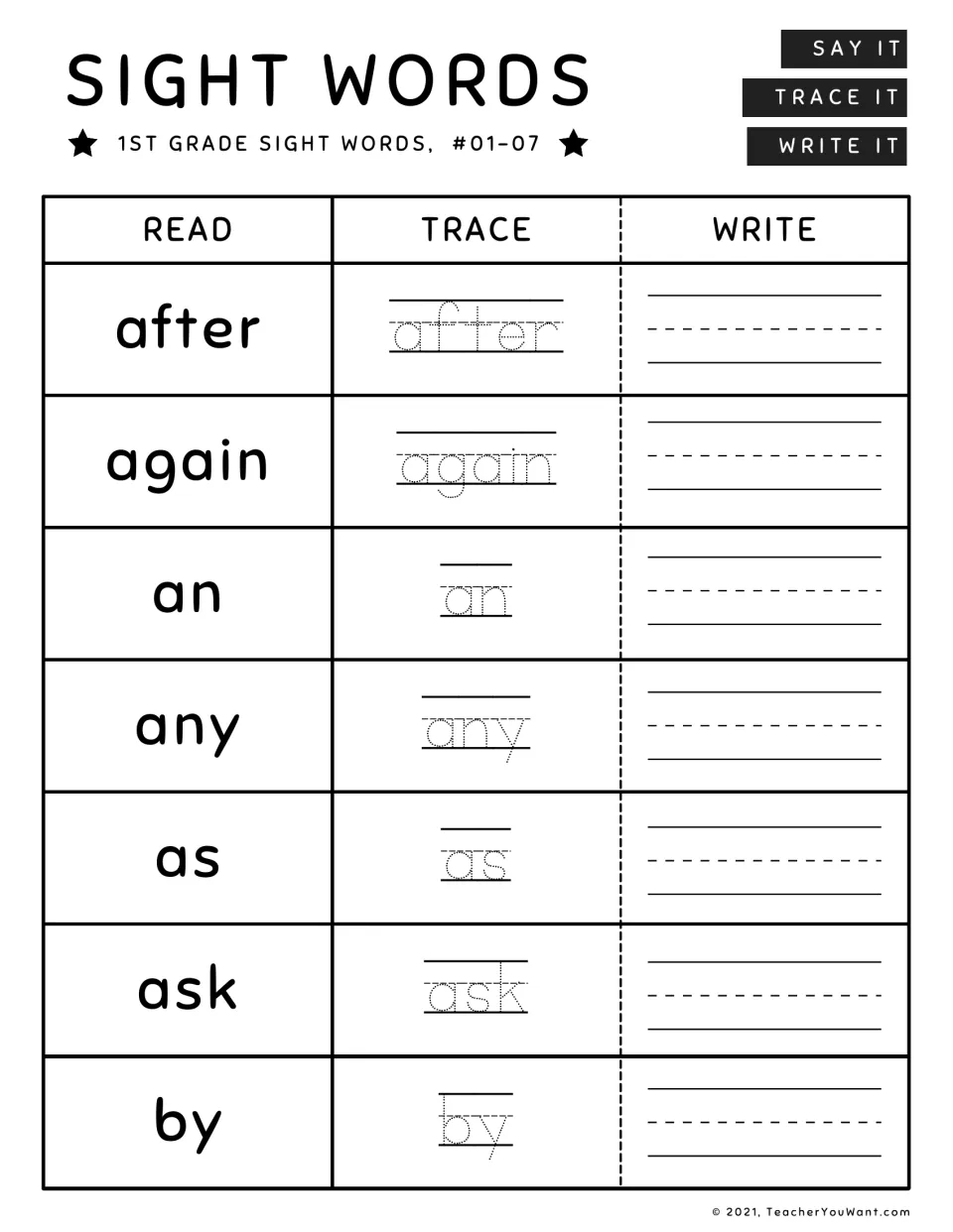 Sight words #01-07: students say, trace and write after, again, an, any, as, ask and by to practise word recognition