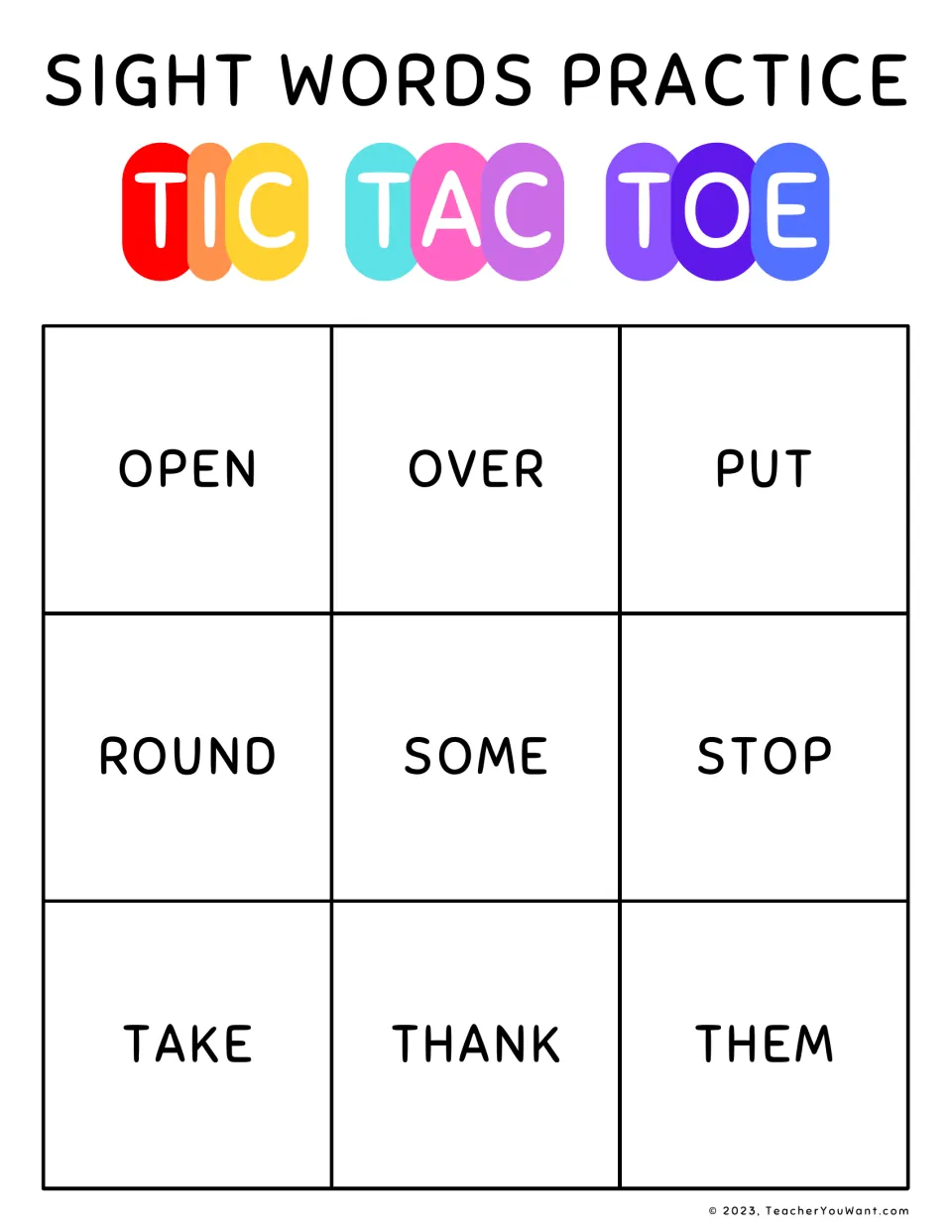 Sight word tic tac toe board 4 for reading practice: open, over, put, round, some, stop, take, thank, them