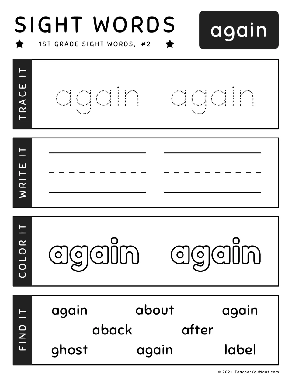 Sight word again, #2: trace and write again, color it, then spot the 3 copies of again mixed with after, aback and ghost