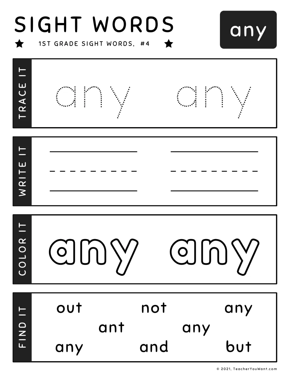 Sight word any, #4: students trace, write and color any, then pick out 3 copies from look-alikes such as ant and and